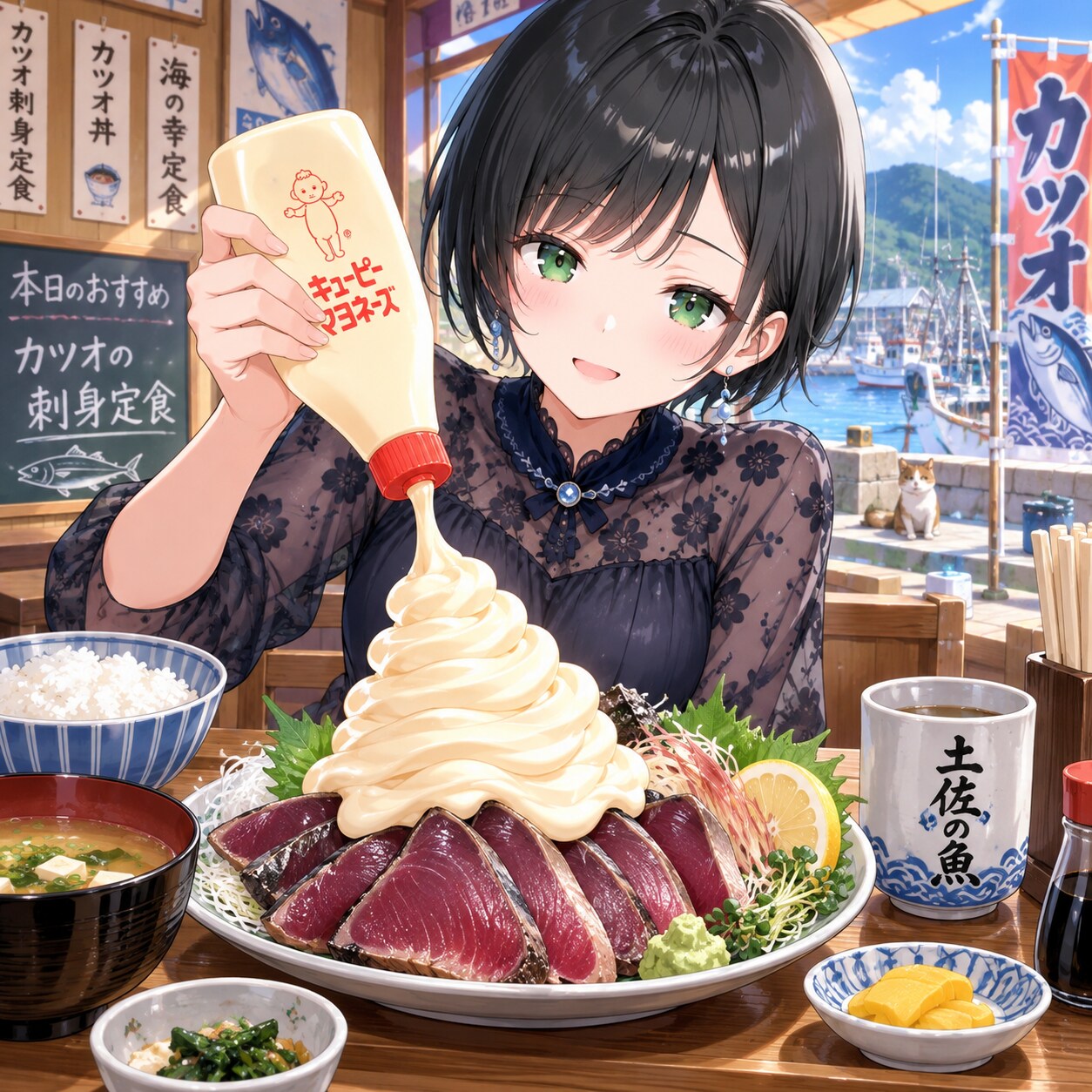 カツオのたたき・刺身にマヨネーズをかける藍音ちゃん | の人気AIイラスト・グラビア