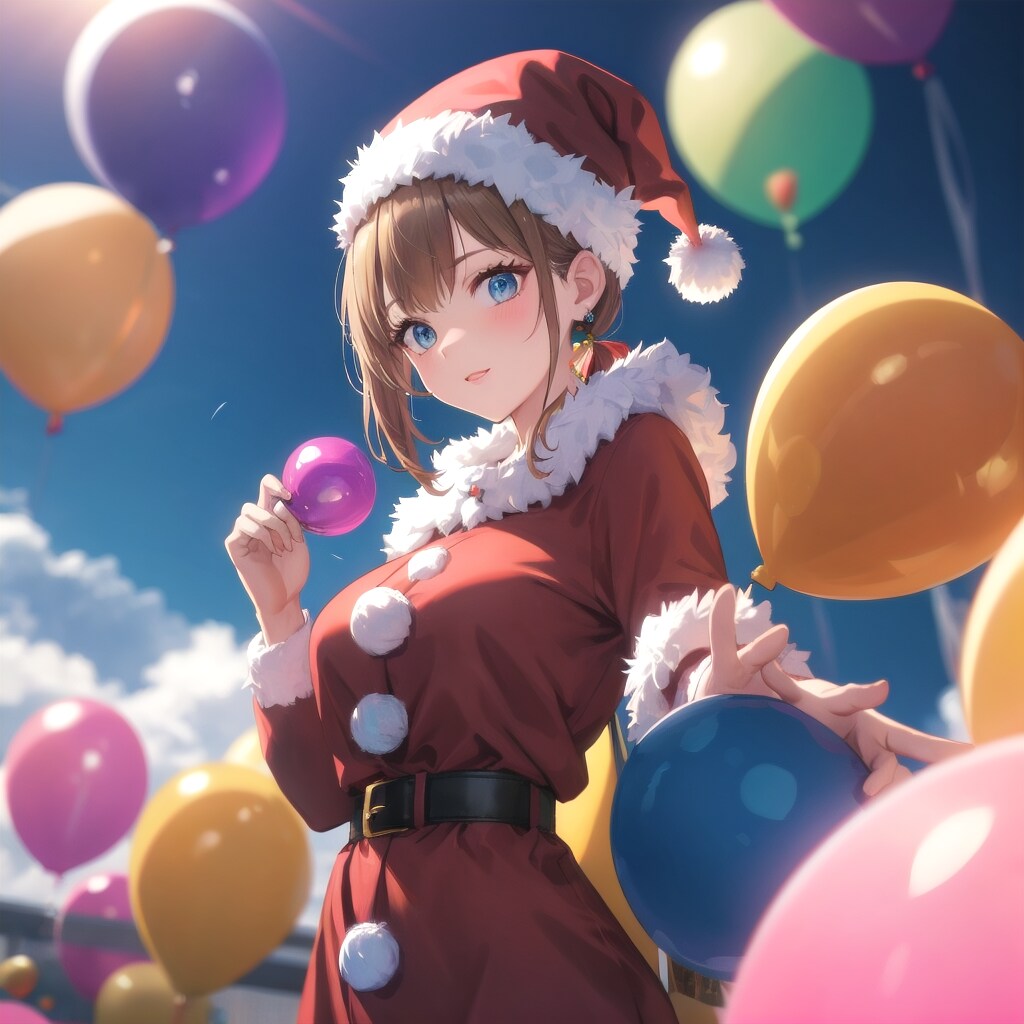 いっぱい風船を持つサンタ衣装着た美女