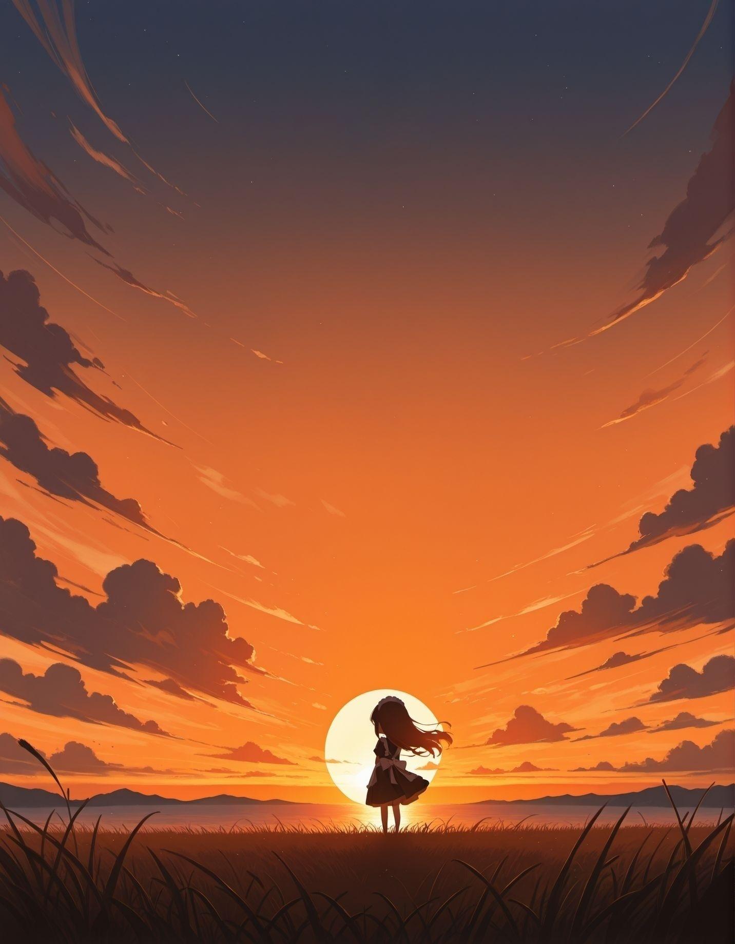夕日とメイドさん