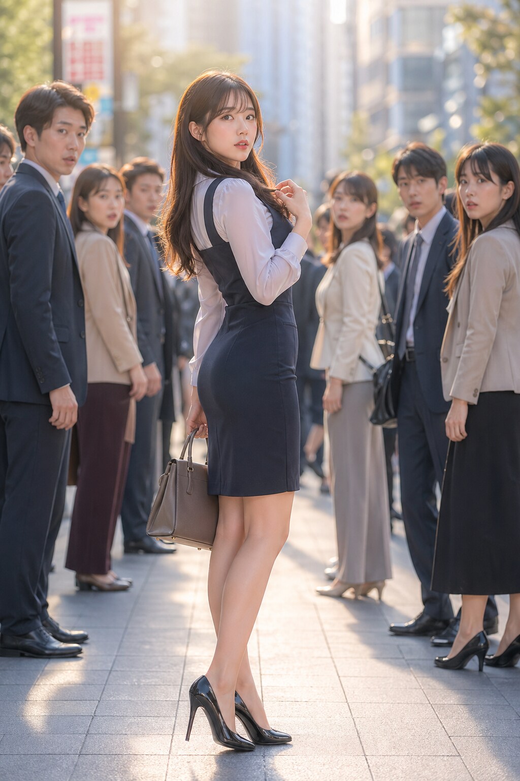 オフィス街で注目されて恥じらいを隠せない様子