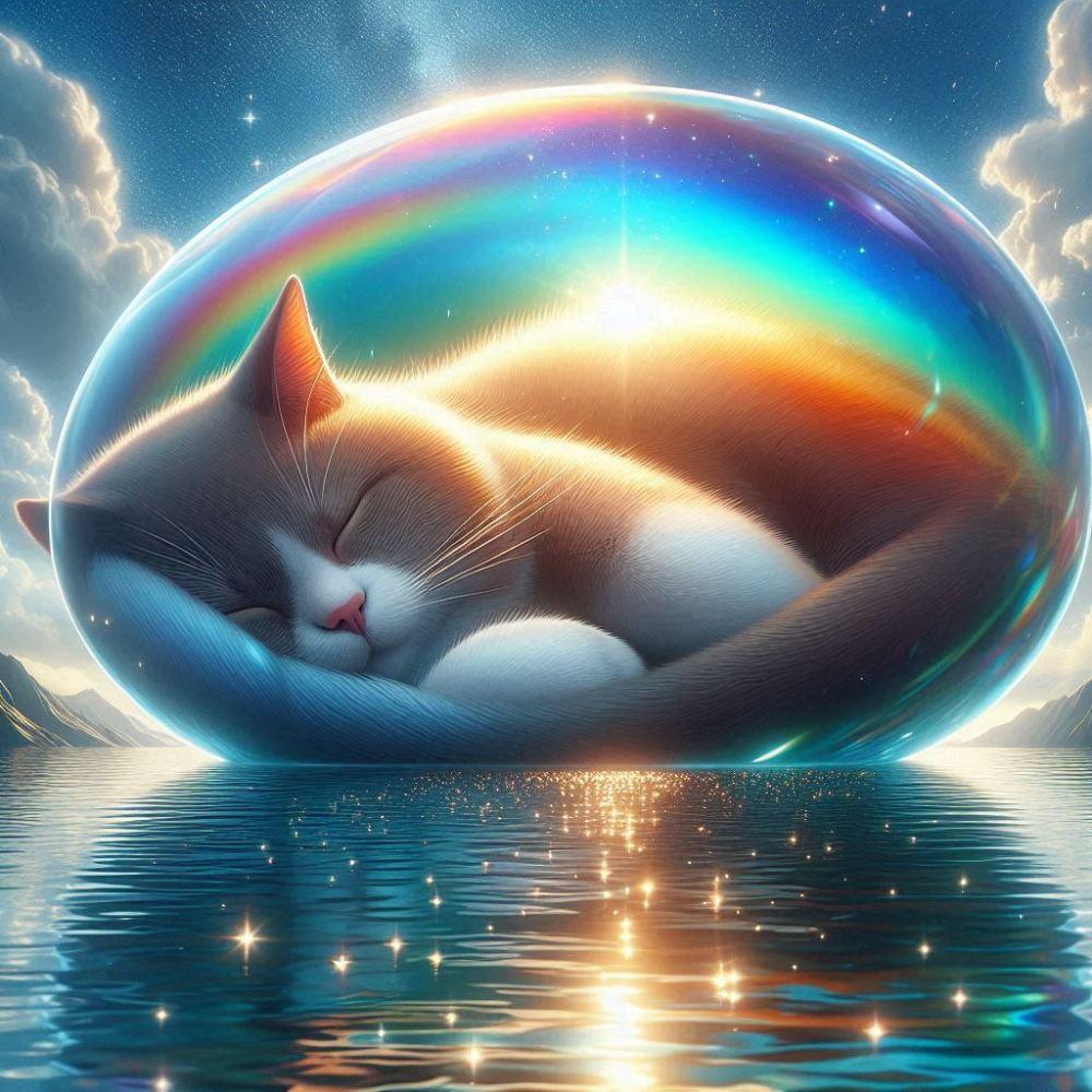 ファンタジーイラスト風、宝石の玉子と眠り猫