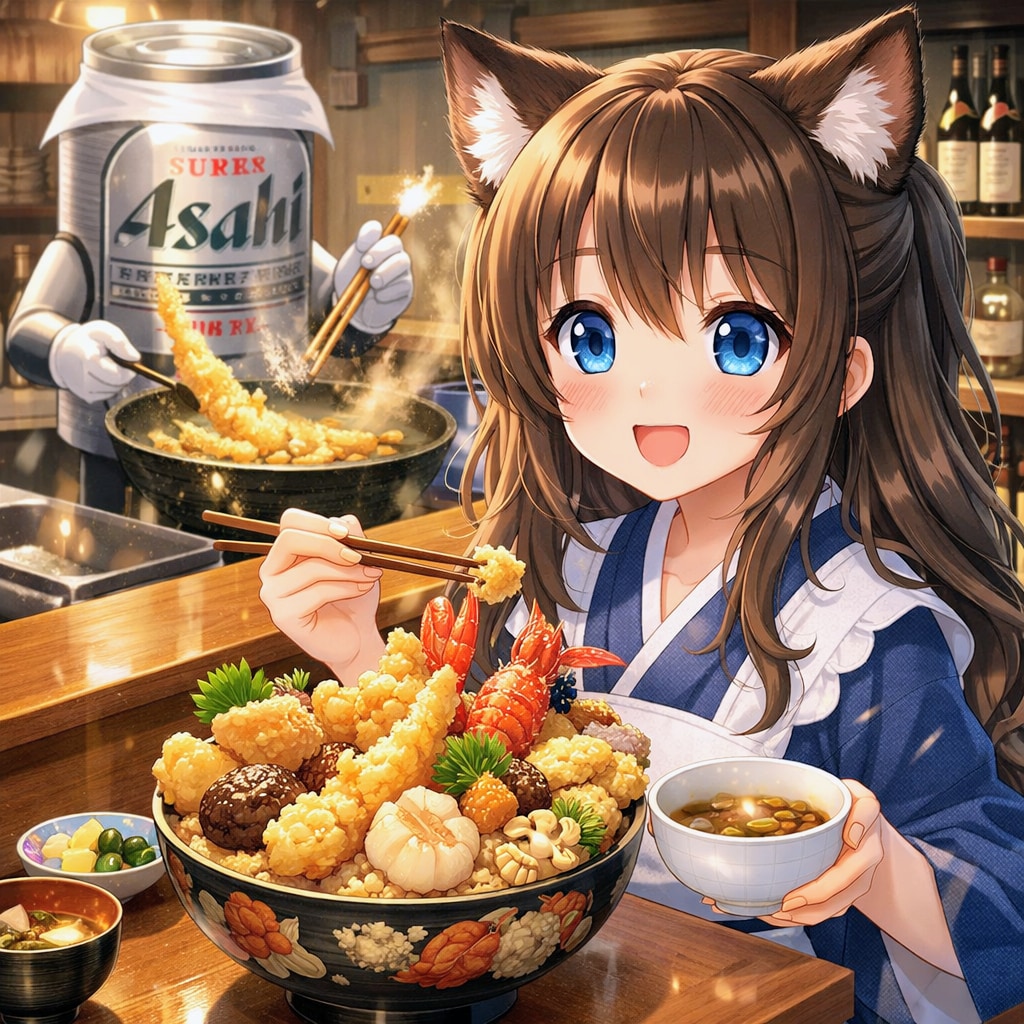 豪華な天丼を食べる小さな女の子