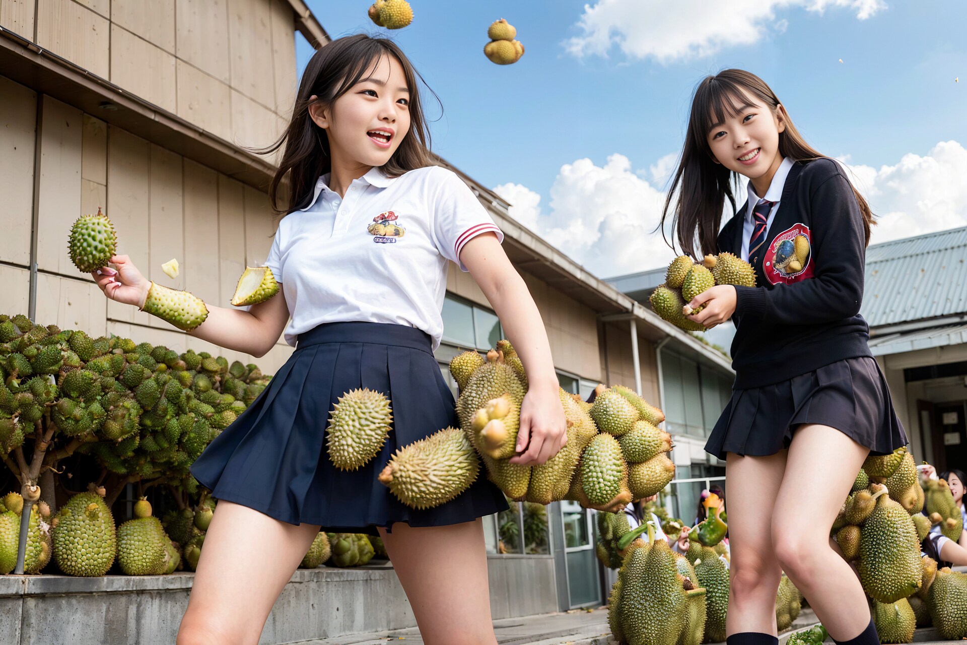 【謎画像】夜のうちにドリアンがたくさん積もったのでドリアン合戦に興じる女子高生