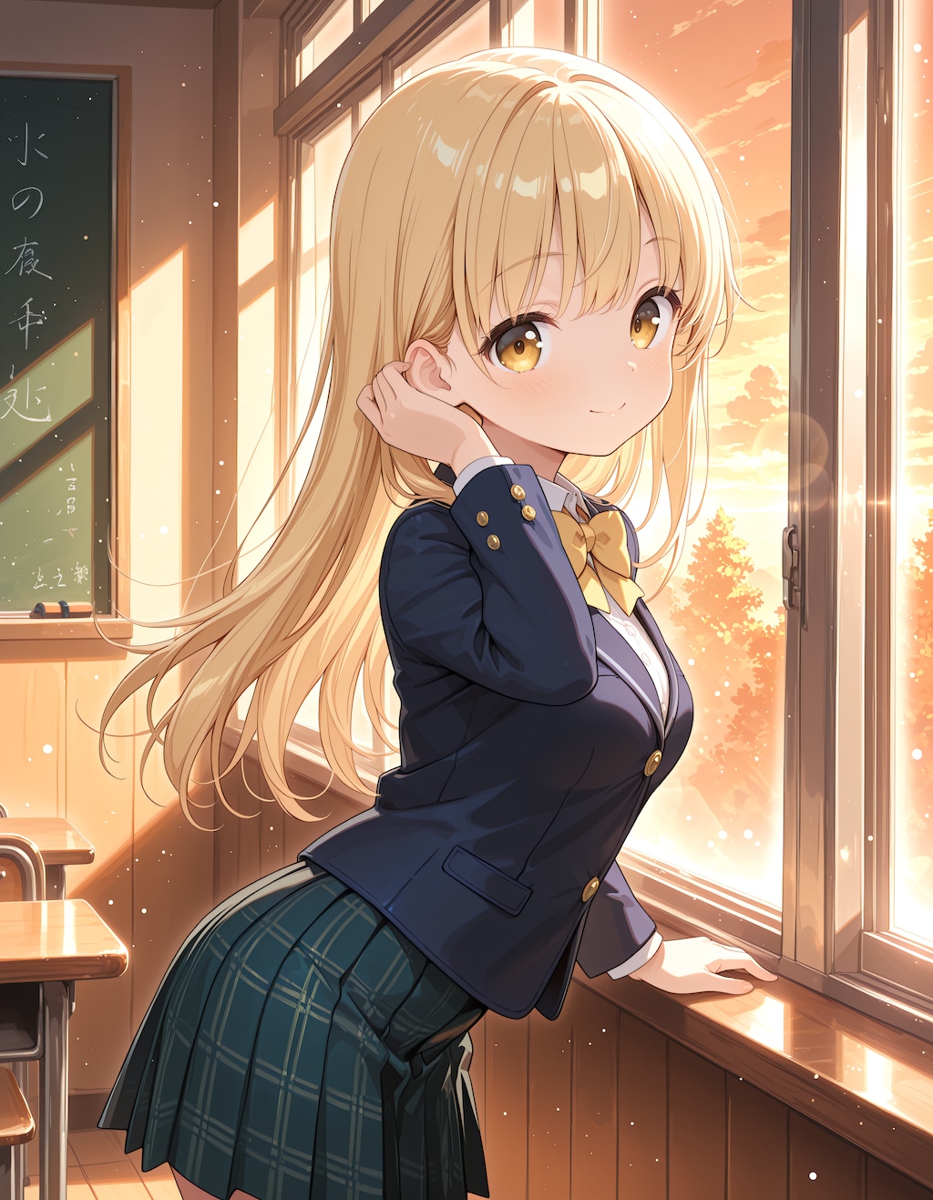 教室で振り返る優しい笑顔