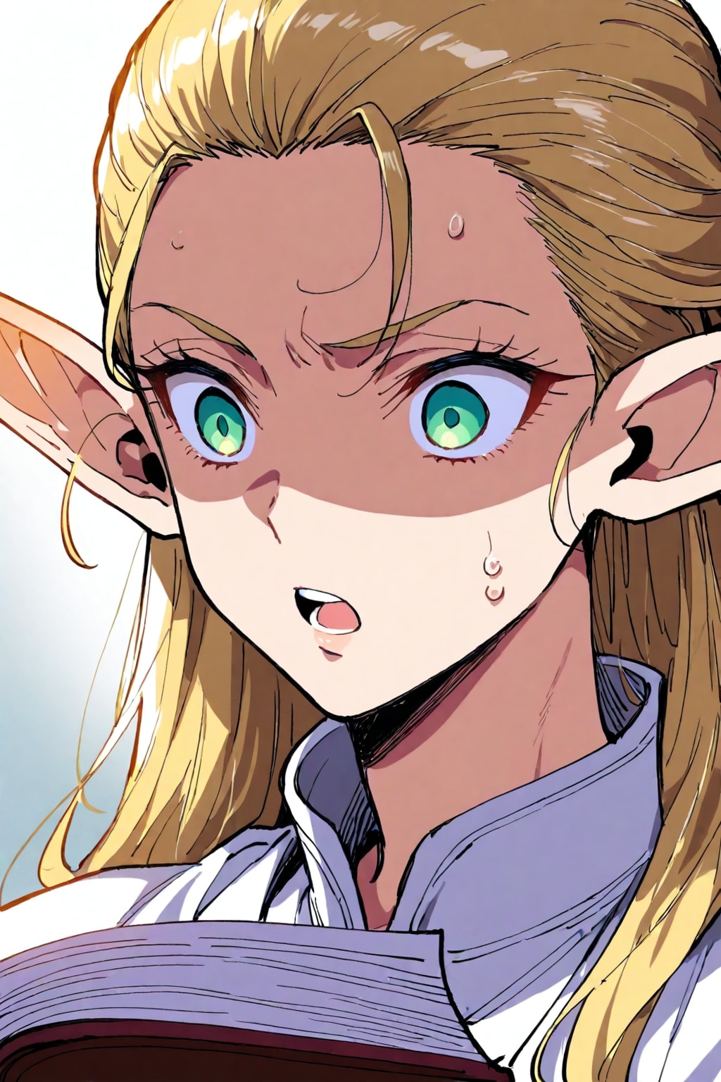 謎の本を読んで驚愕の表情を浮かべるエルフの神官さん | の人気AIイラスト・グラビア