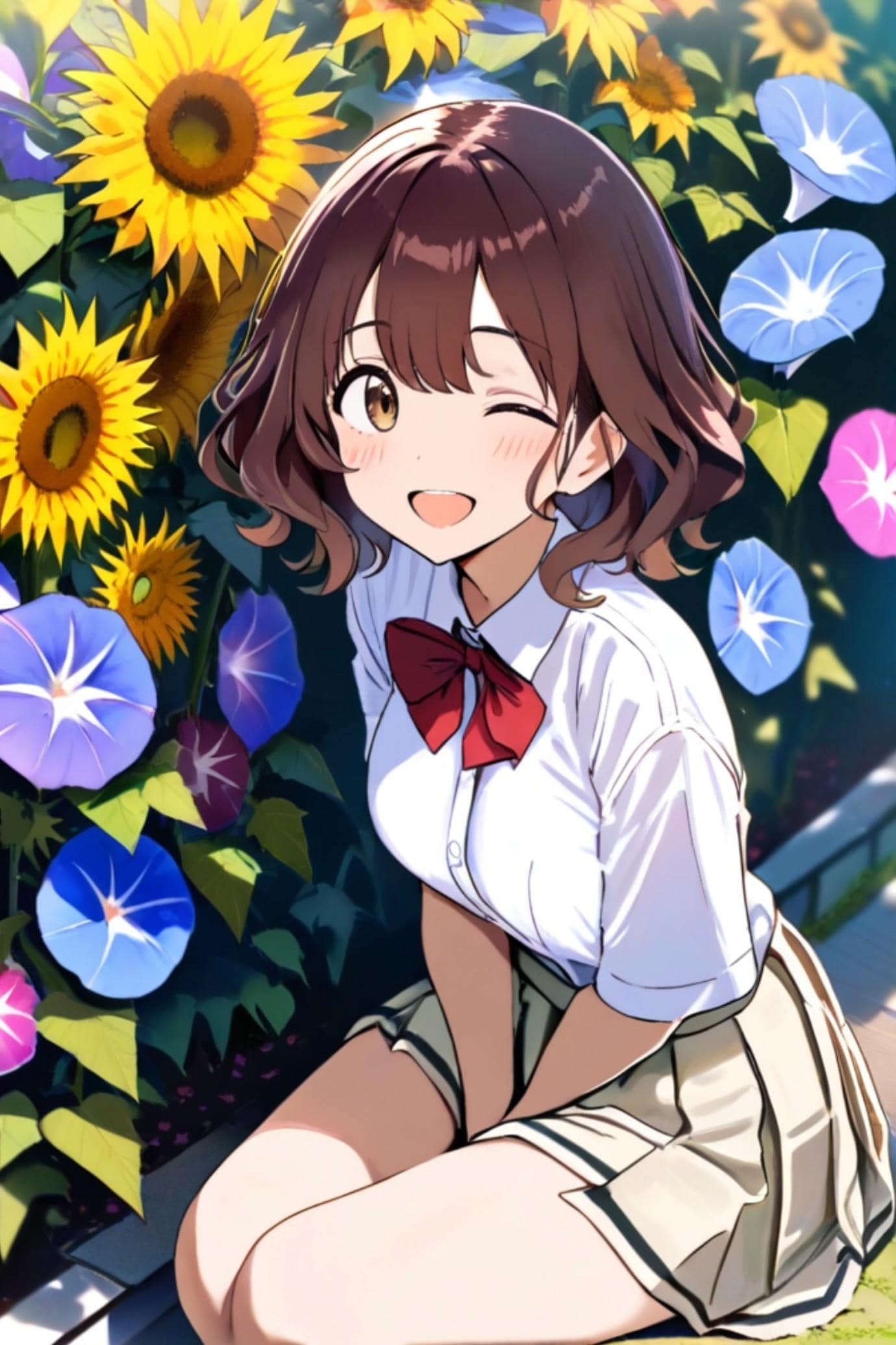 茶髪ちゃんとひまわりと朝顔