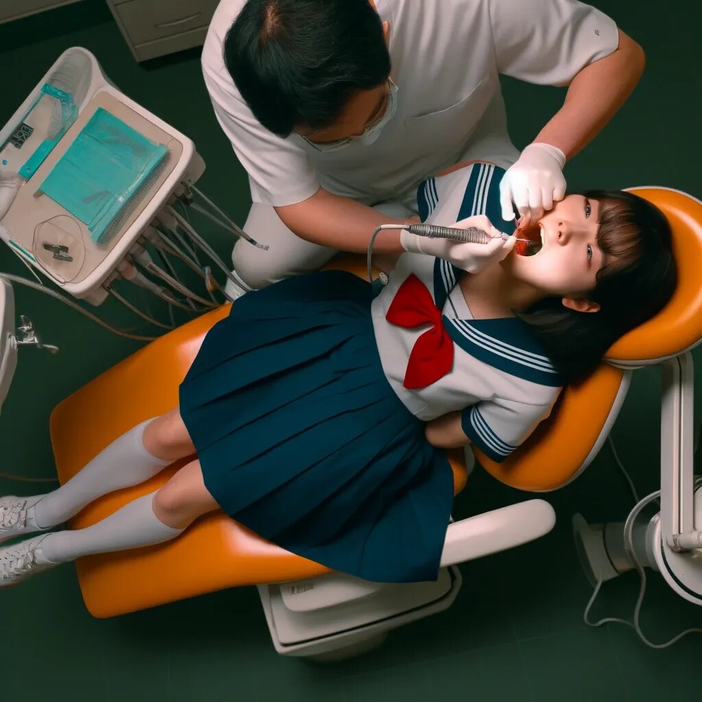 虫歯治療に耐えているセーラ服姿の女子高生