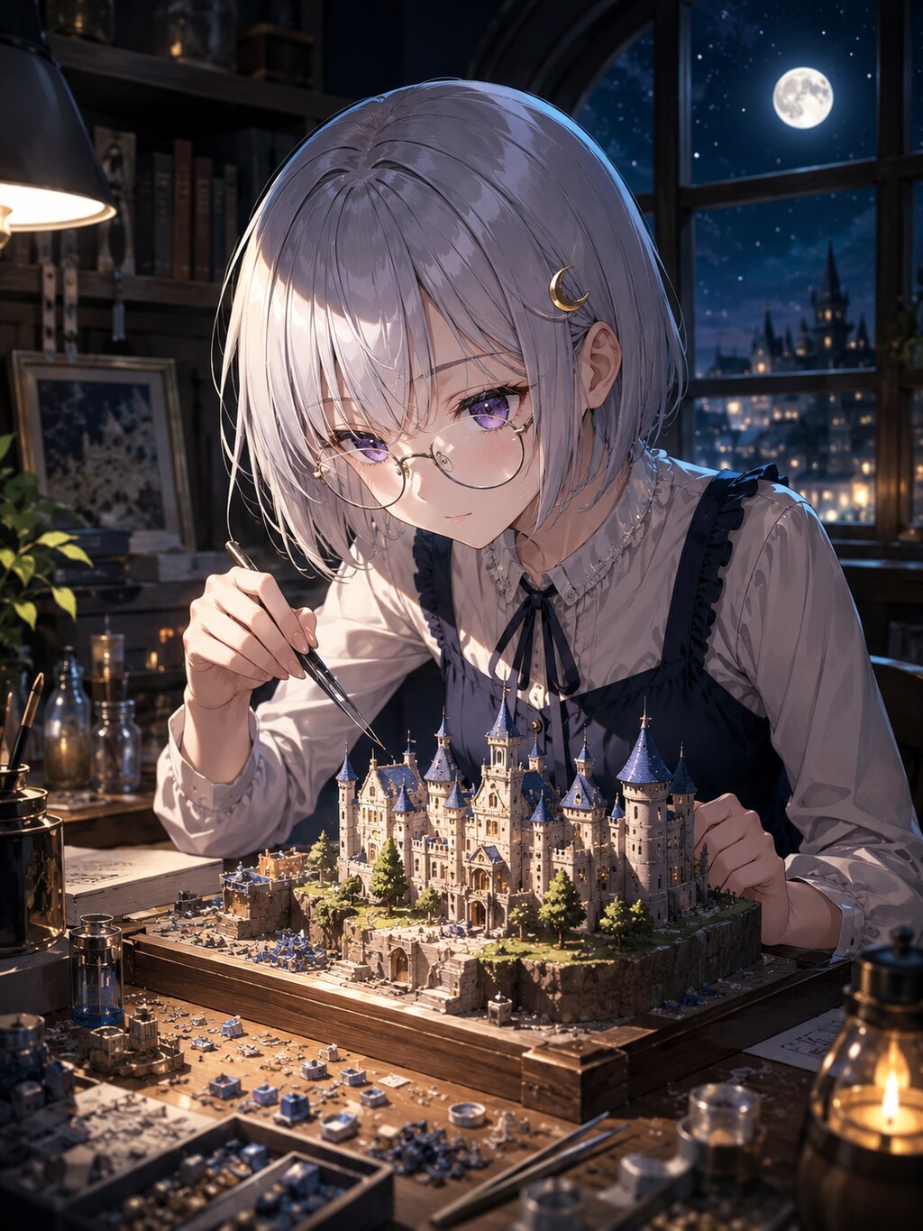 月夜に、精巧お城作り