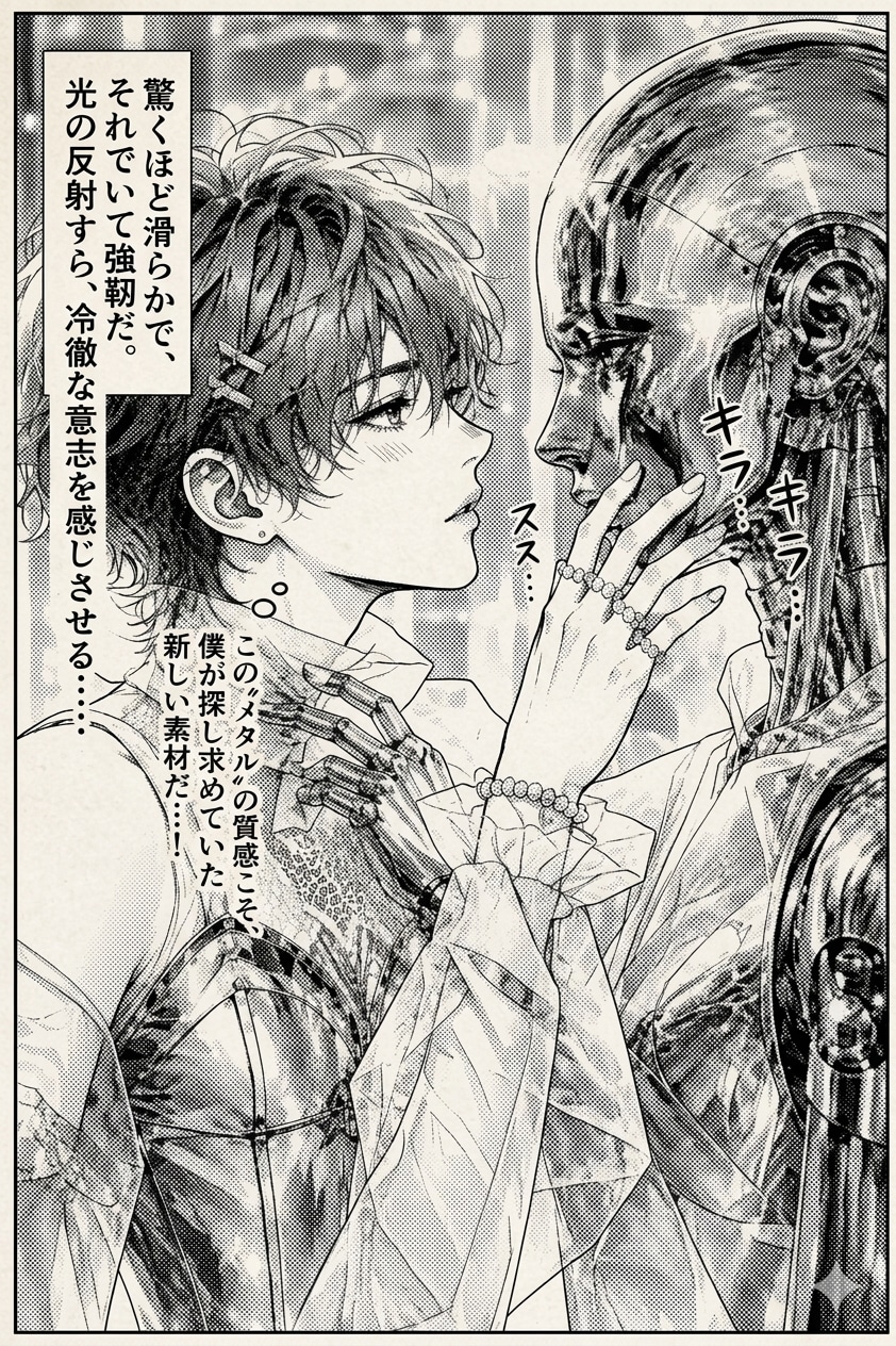 新しい素材への喜び ...ver.白黒漫画風 | の人気AIイラスト・グラビア