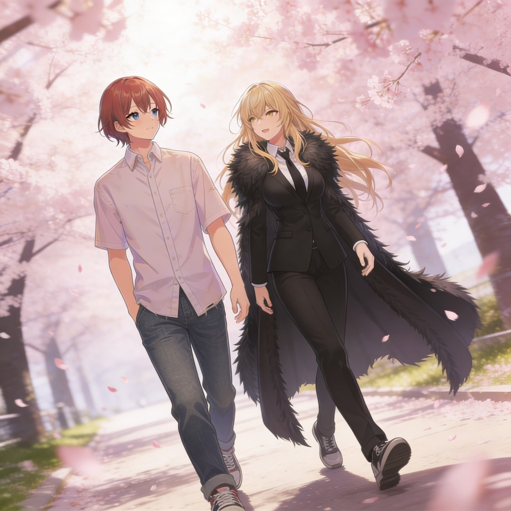 エリザベスと桜並木を歩く