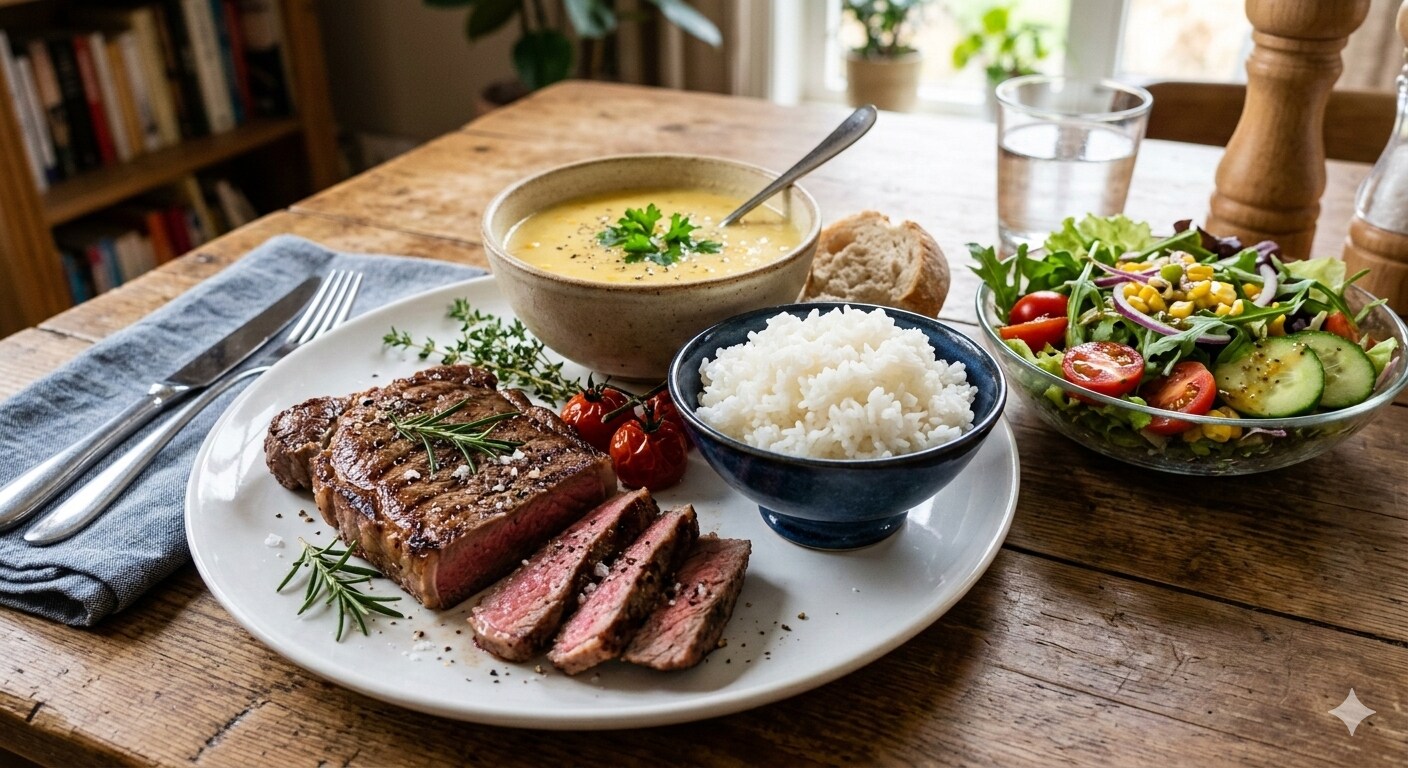 【晩飯】白米、サーロインステーキ、コーンスープ
