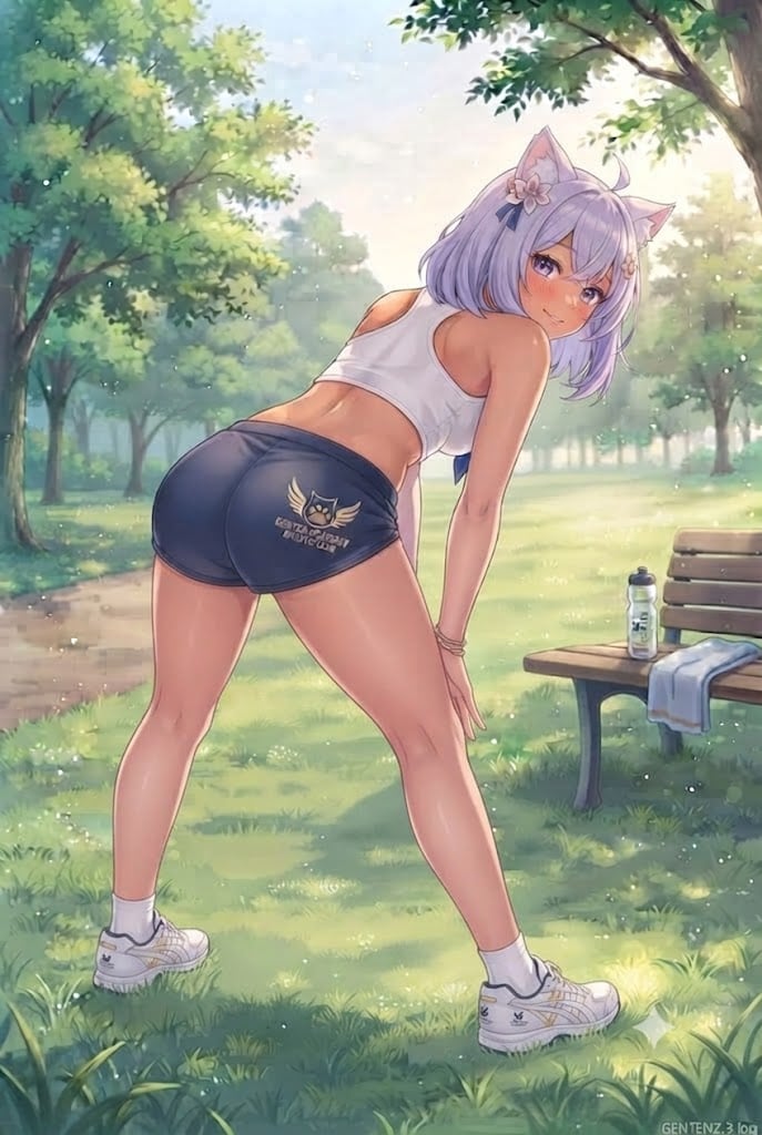 朝のジョギングをする短パン日焼けギャルのシス