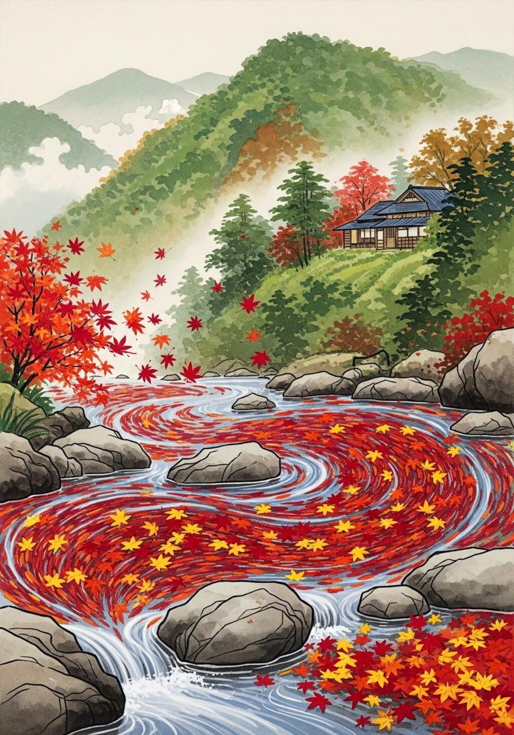 からくれなゐに水くくる川の風景