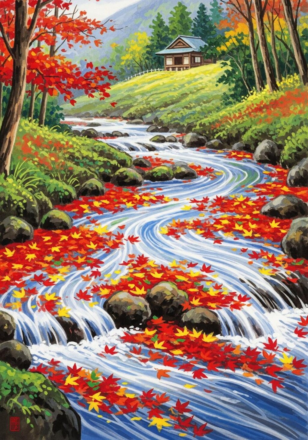 からくれなゐに水くくる川の風景