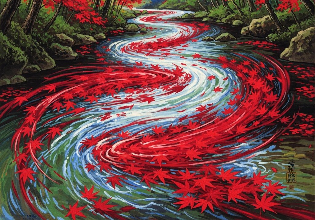 からくれなゐに水くくる川の風景