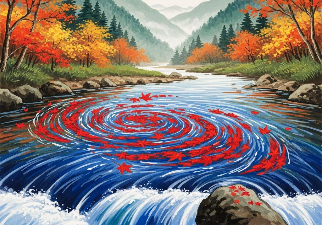 からくれなゐに水くくる川の風景