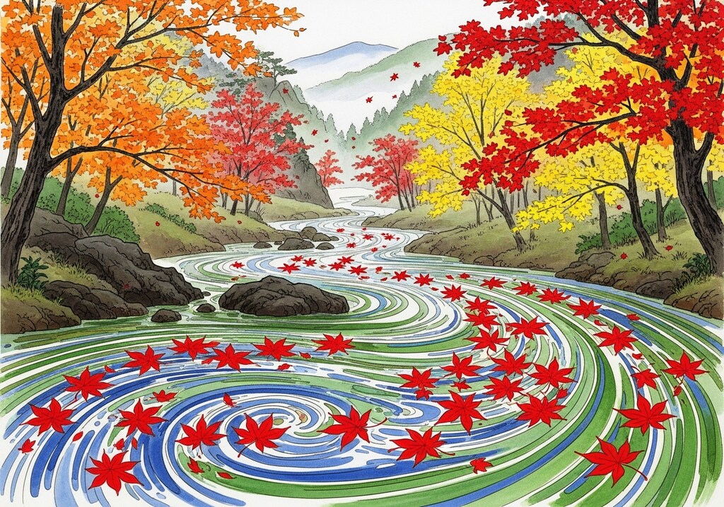 からくれなゐに水くくる川の風景