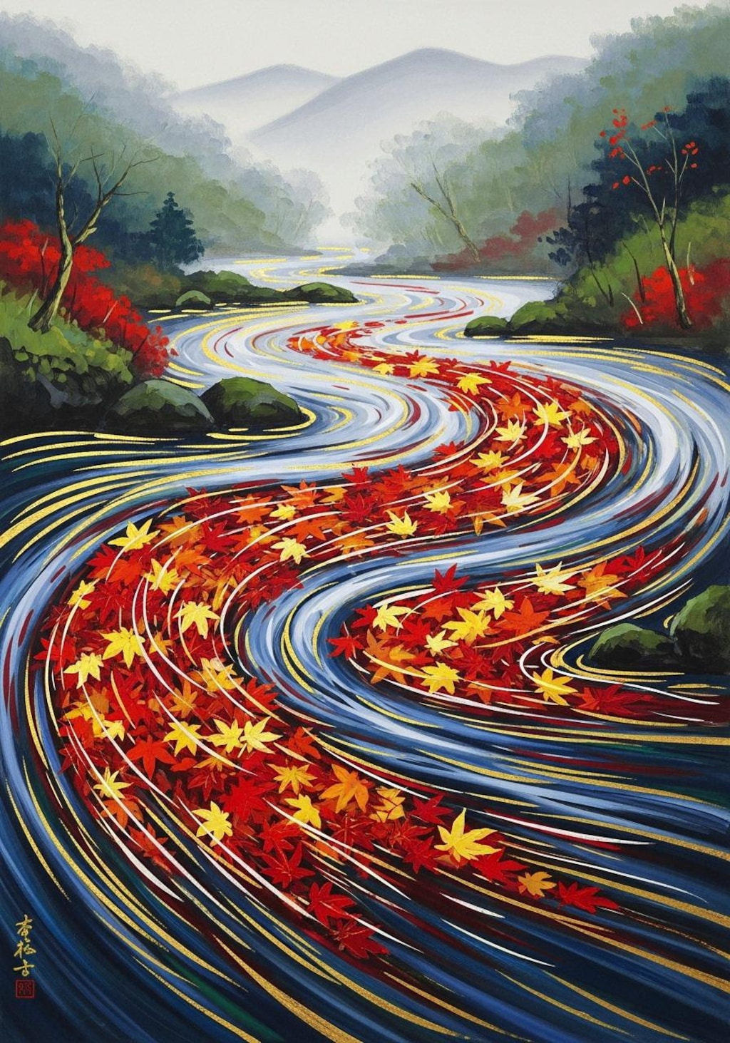 からくれなゐに水くくる川の風景