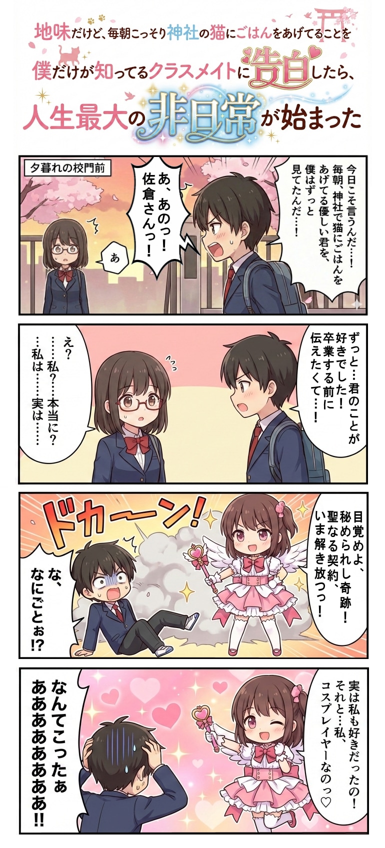 地味だけど、毎朝こっそり神社の猫に（中略）知ってるクラスメイトに告白したら、人生最大の非日常が始まった（四コマ漫画【たた８】２８の１） | の人気AIイラスト・グラビア