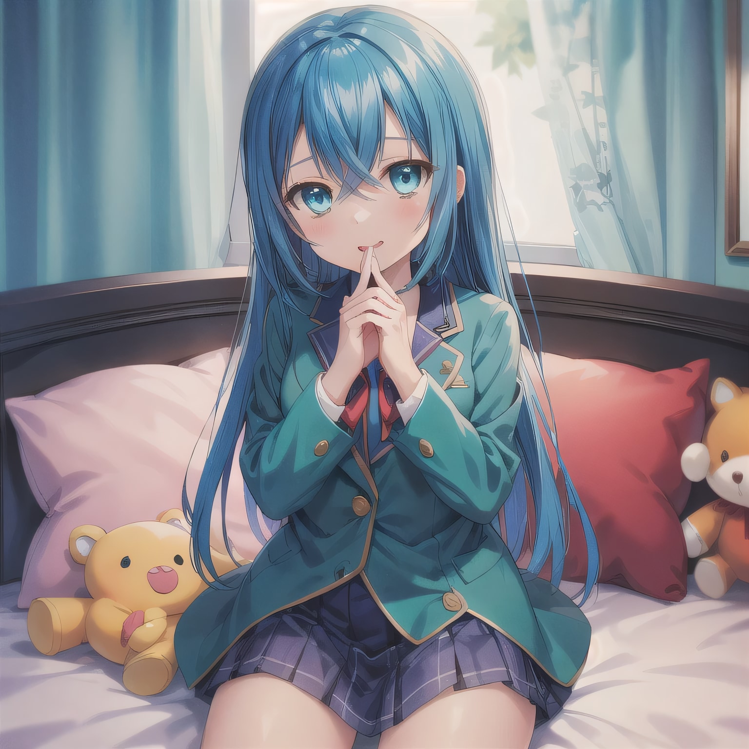 青髪ロングで寝室の少女 | の人気AIイラスト・グラビア