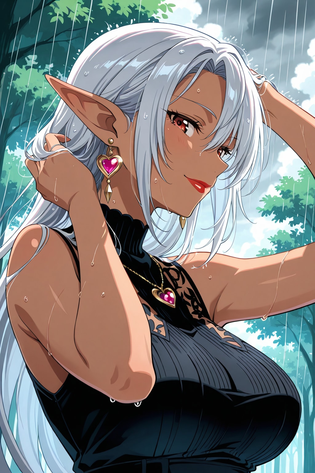 雨の中のうちのダークエルフさん