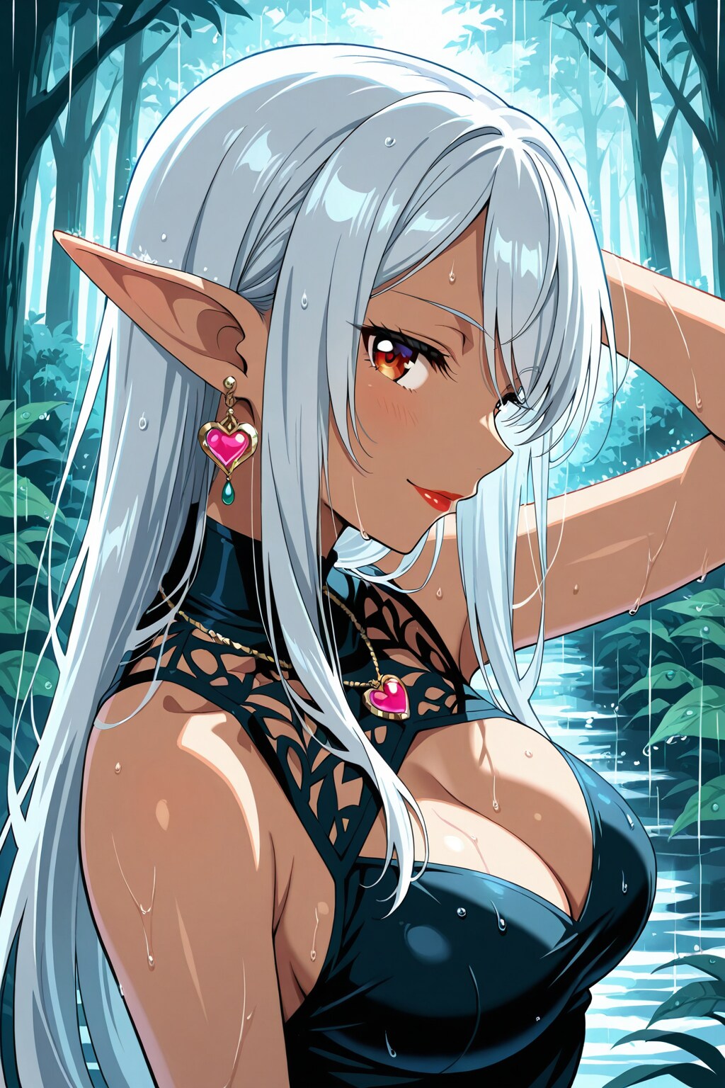 雨の中のうちのダークエルフさん