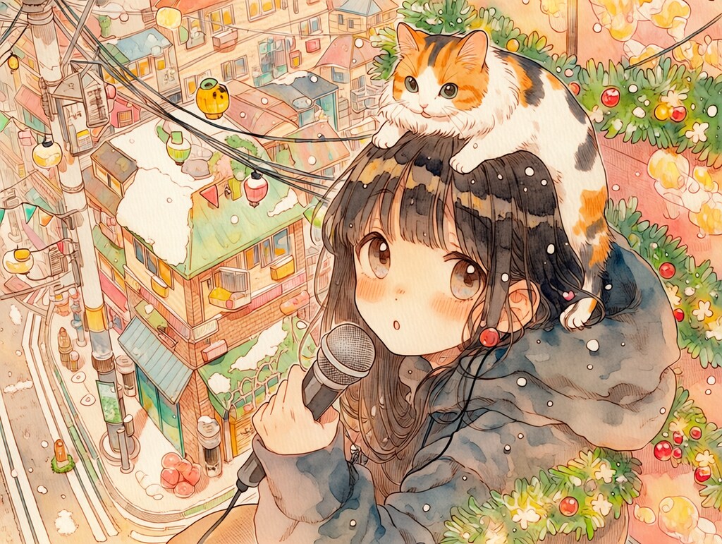 christmas, festive lights, isometric cutaway view, in street, calico cat（niji7）（２）