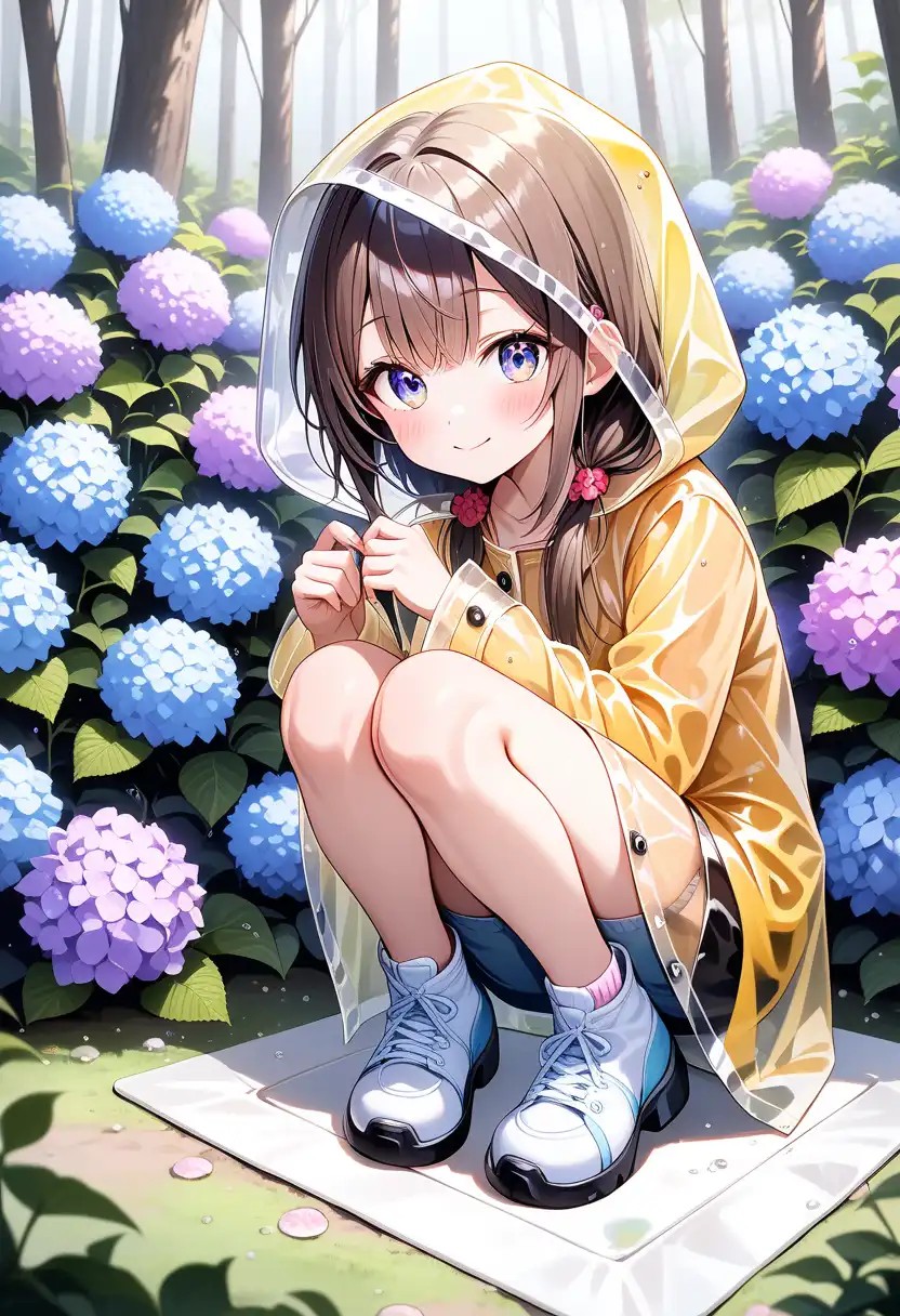紫陽花と合羽少女