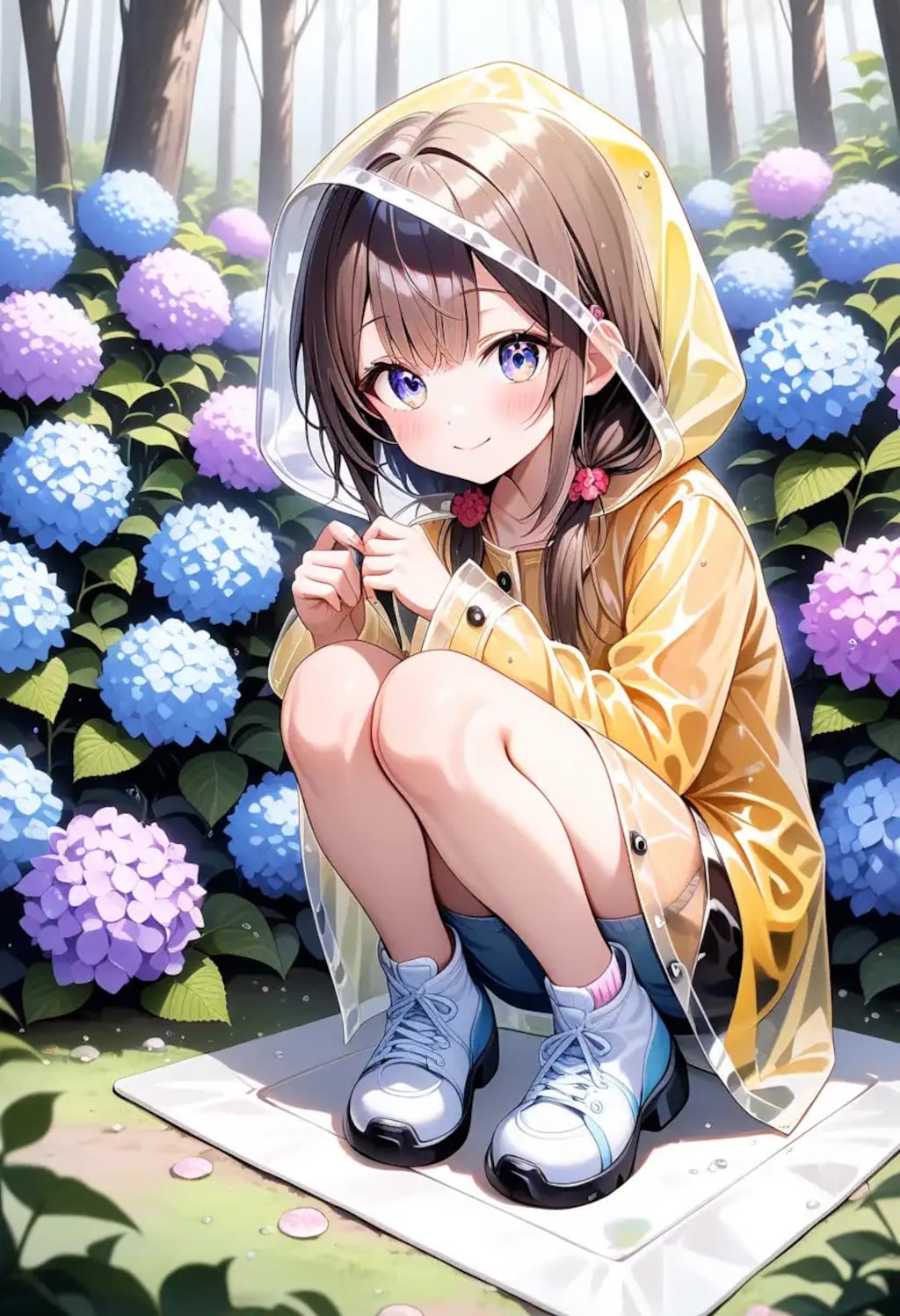 紫陽花と合羽少女