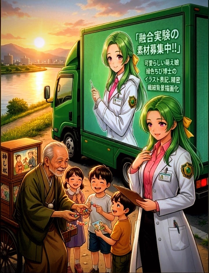 昔の懐かしい紙芝居屋さんと🖼🍭､融合実験の素材を探している🍏緑髪の博士🍏