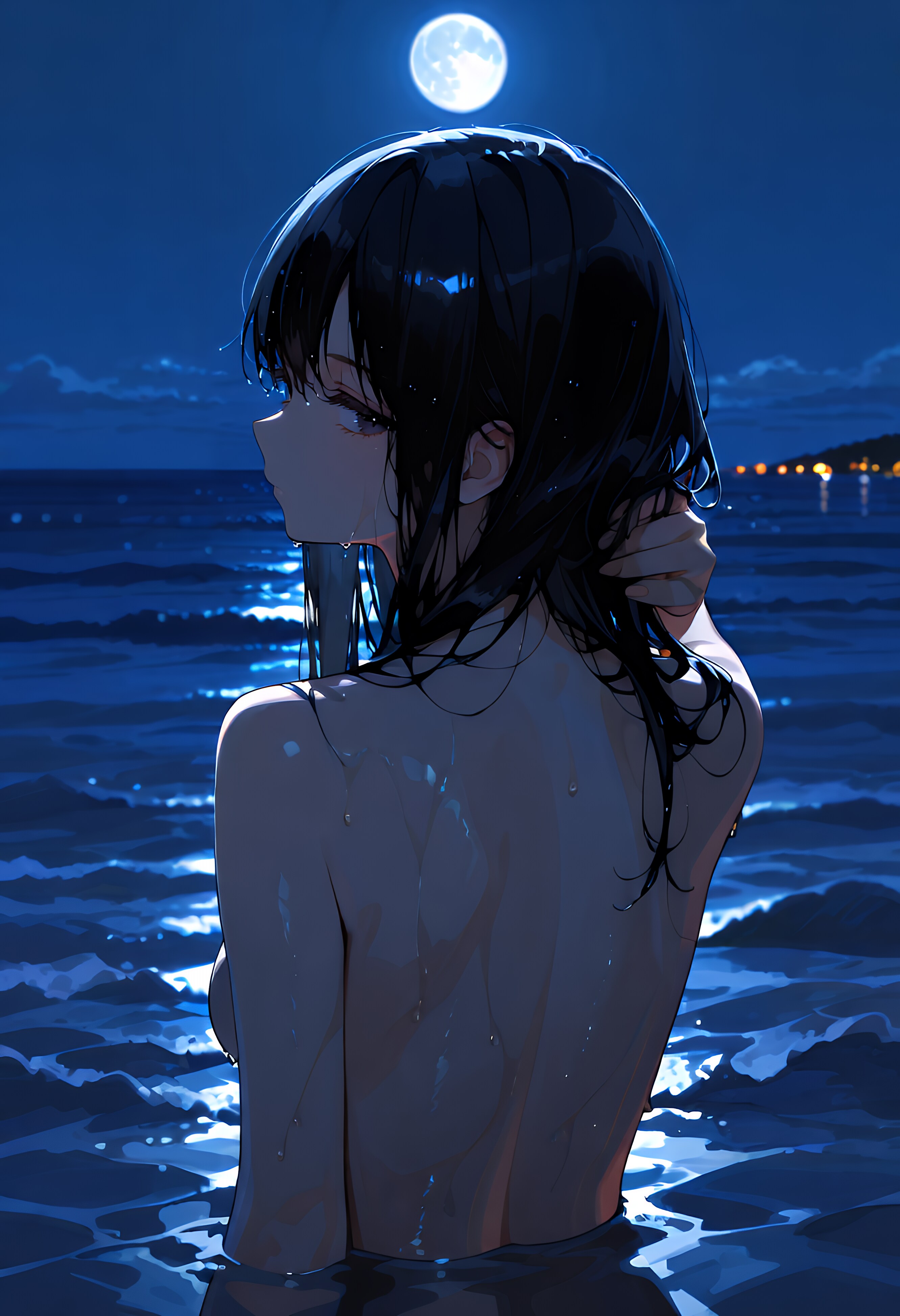 満月の夜の海