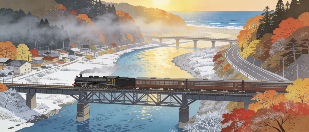 朝靄とSL(Seedream4.5)(2)