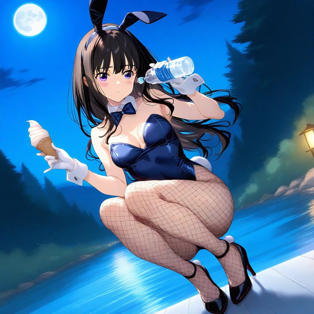 バニーガール衣装のたきなと湖畔で