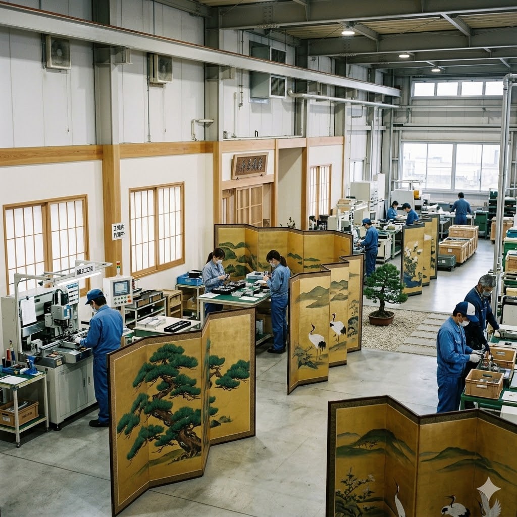 屏風で仕切った工場