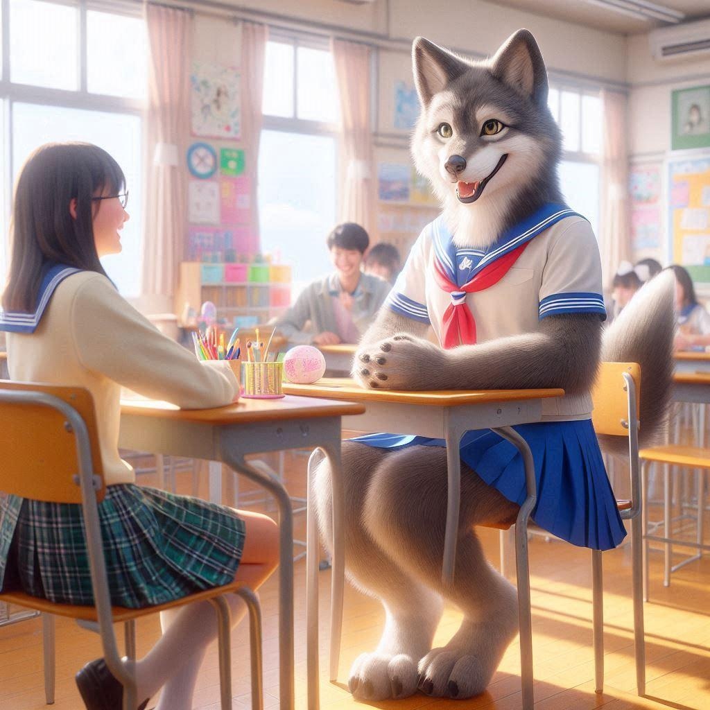 友達とおしゃべりしている人狼ちゃん