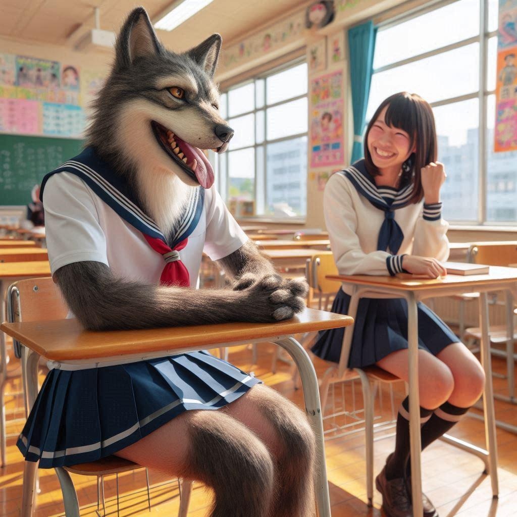 友達とおしゃべりしている人狼ちゃん
