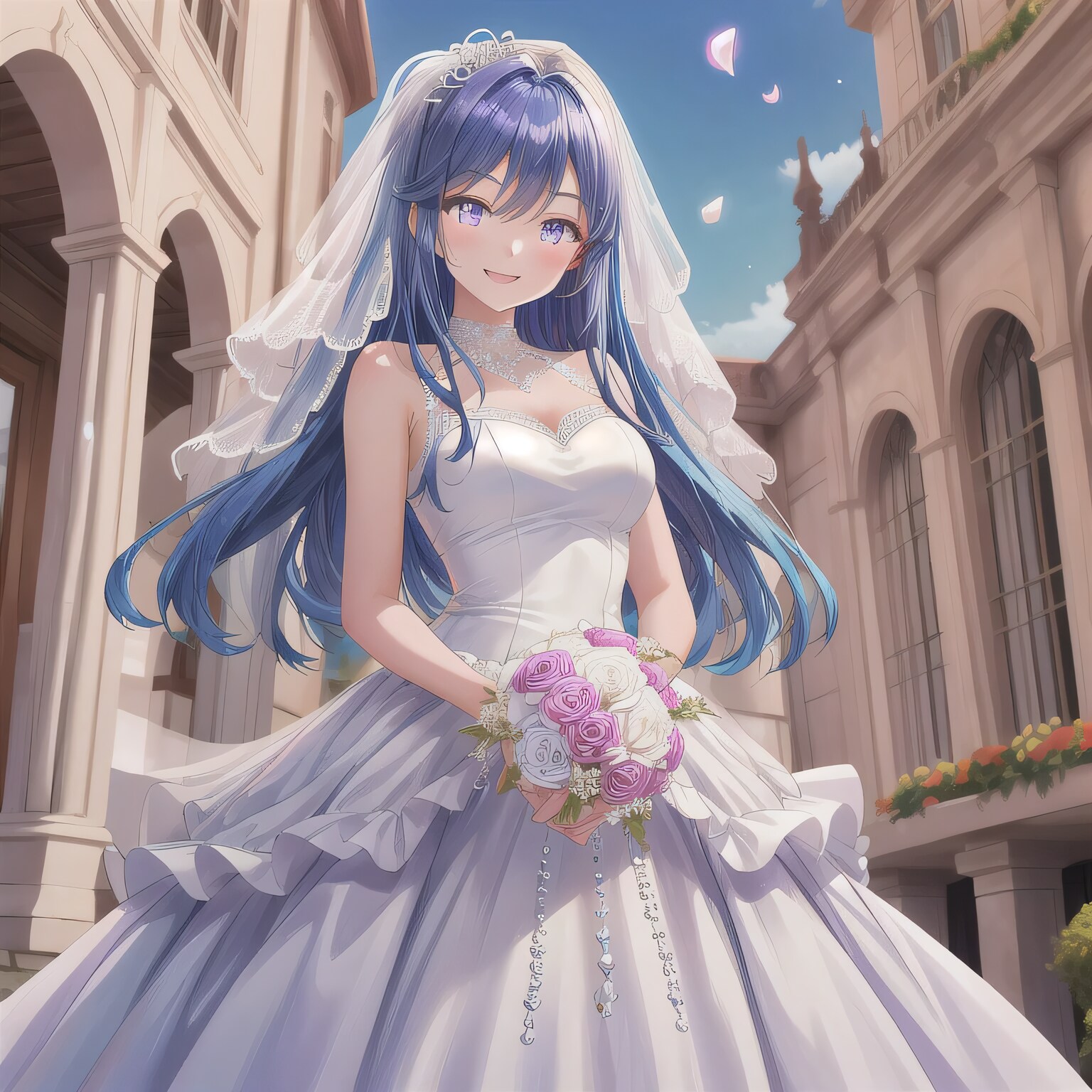 紫髪ロングでウェディングドレスの少女７ | の人気AIイラスト・グラビア