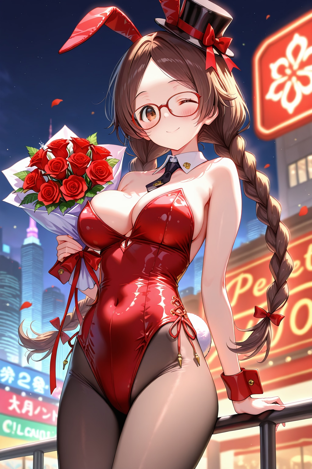 夜の街のバニーガールしおりさんとバラの花
