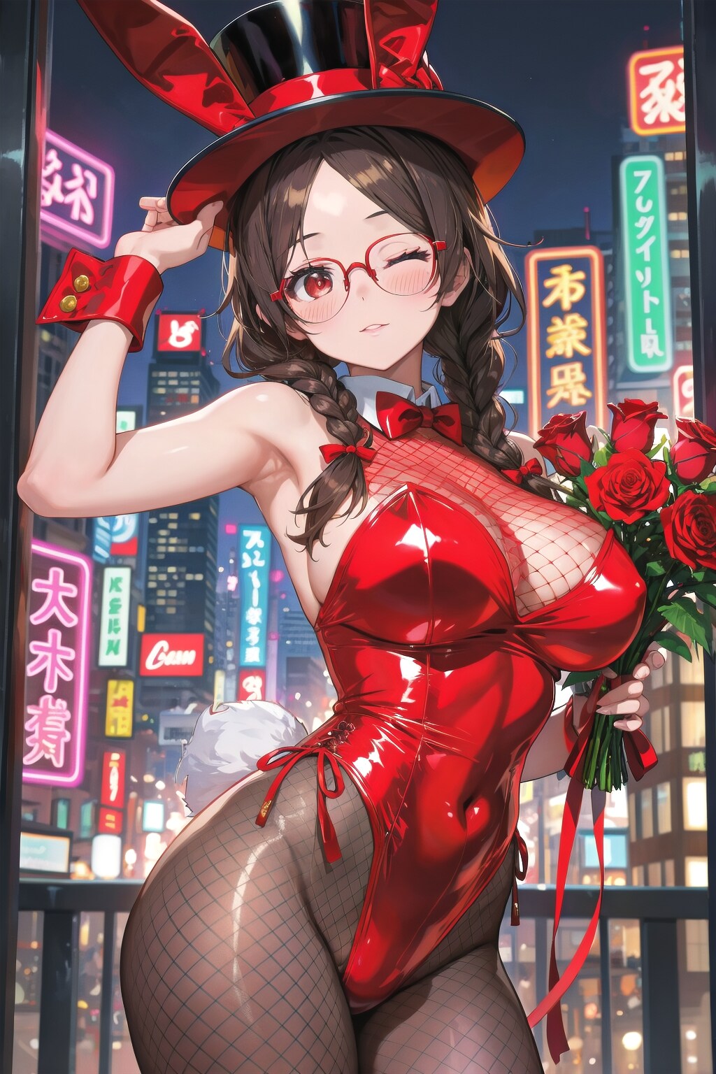 夜の街のバニーガールしおりさんとバラの花