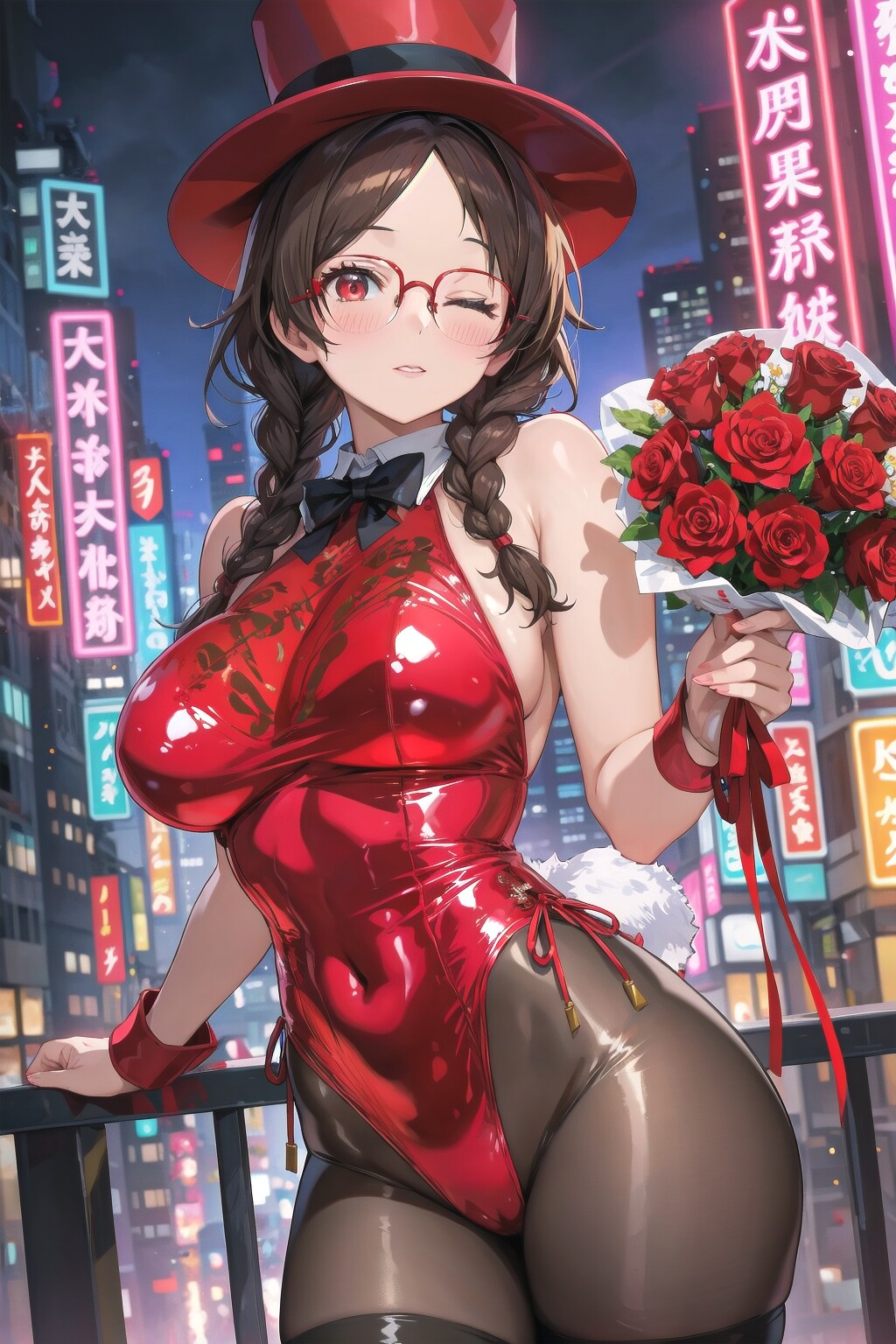 夜の街のバニーガールしおりさんとバラの花