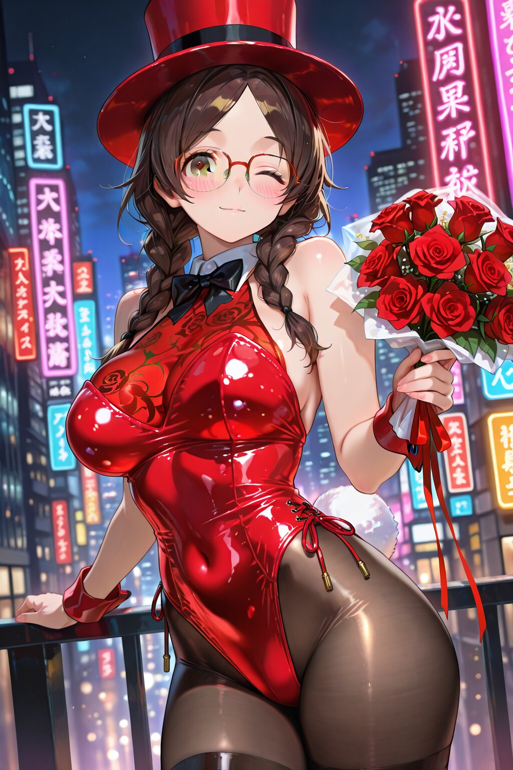 夜の街のバニーガールしおりさんとバラの花