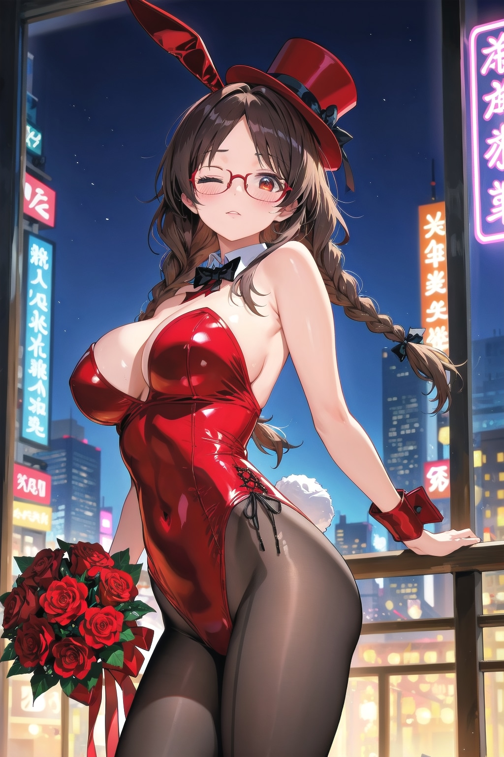 夜の街のバニーガールしおりさんとバラの花