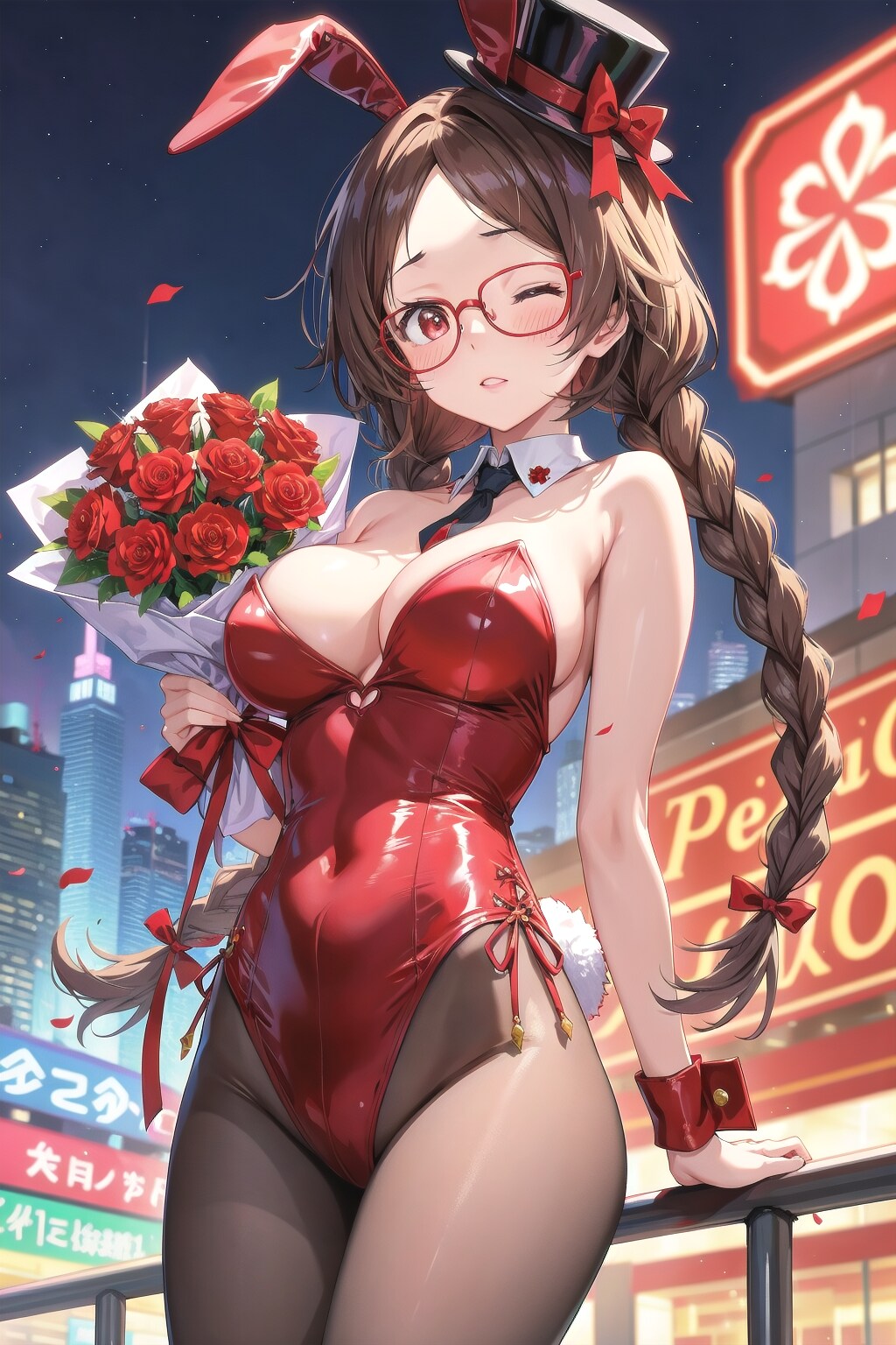 夜の街のバニーガールしおりさんとバラの花