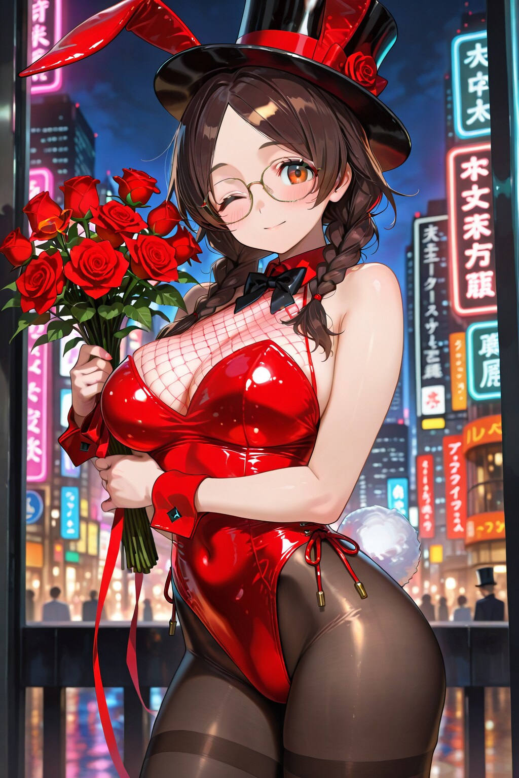 夜の街のバニーガールしおりさんとバラの花