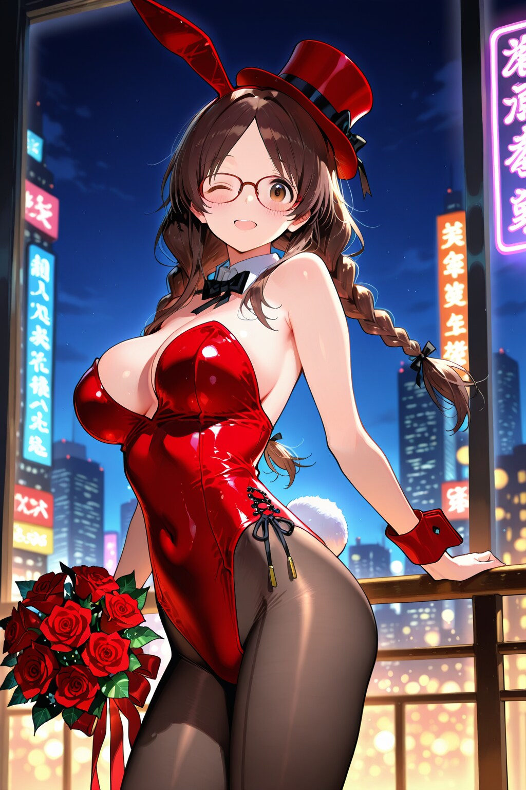 夜の街のバニーガールしおりさんとバラの花