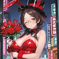夜の街のバニーガールしおりさんとバラの花 3枚目