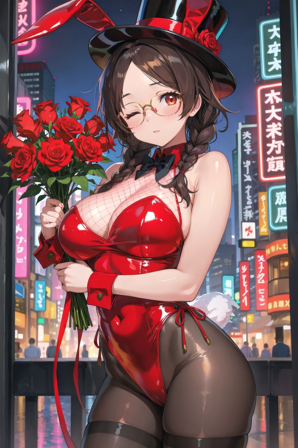 夜の街のバニーガールしおりさんとバラの花