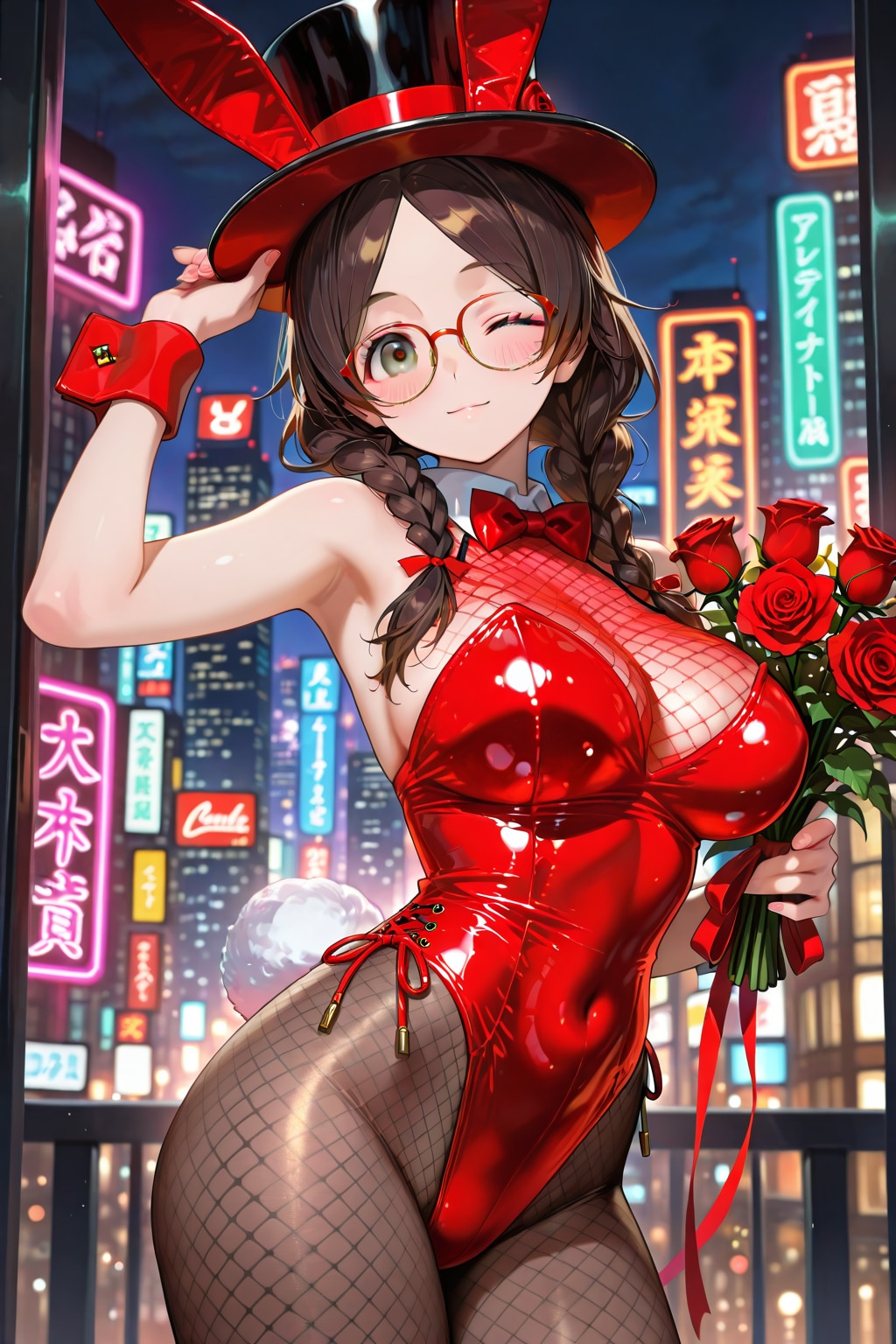 夜の街のバニーガールしおりさんとバラの花