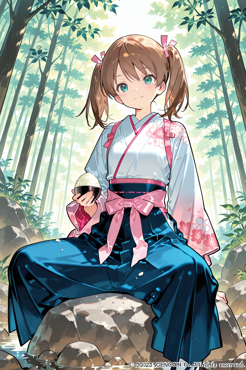 森で一休みする着物はるかちゃん