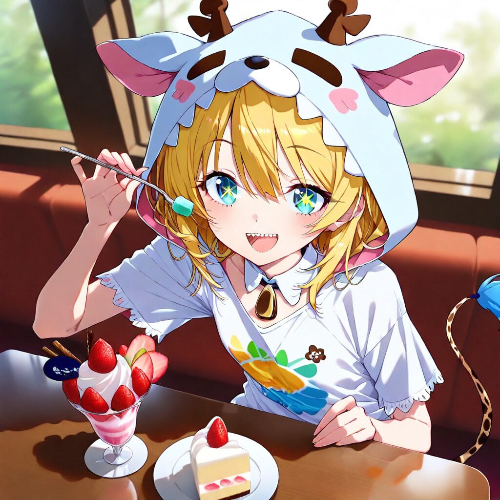 カフェでスイーツを楽しむアニマルフードちゃん | の人気AIイラスト・グラビア
